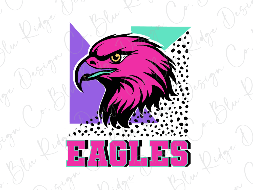 a stylized depiction of a pink eagle head, with the word "EAGLES" written below it in bold pink letters.