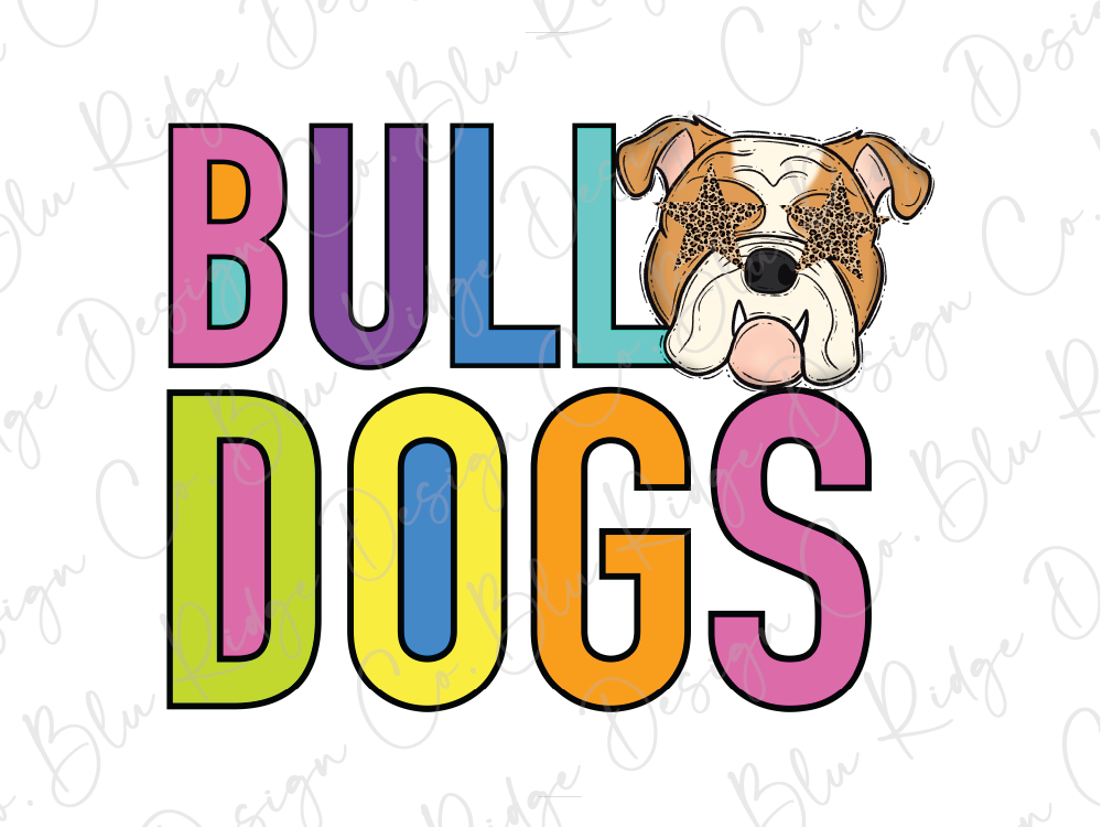 a bulldog with star-shaped eyes, accompanied by the text "Bulldogs" in a colorful, stylized font.