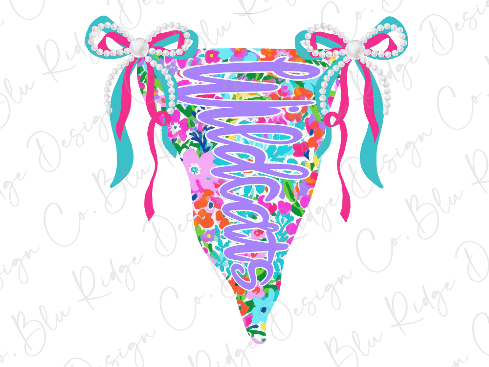 A colorful, floral-patterned banner with the word "Wildcats" written on it, adorned with bows and pearls.