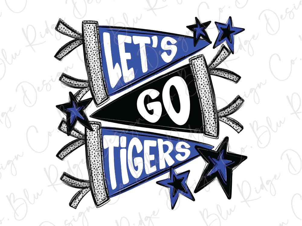 a graphic design with the text "LET'S GO TIGERS" and various decorative elements such as stars and polka dots.
