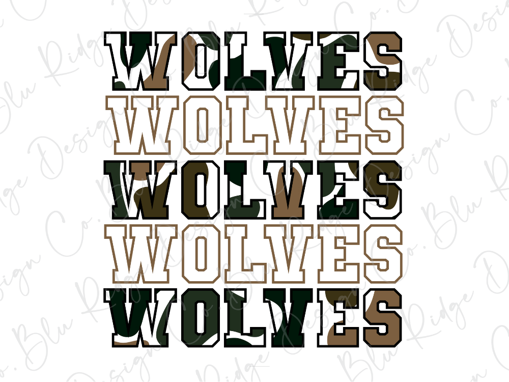 the text "WOLVES" repeated in various sizes and orientations, creating a visually interesting and layered effect.