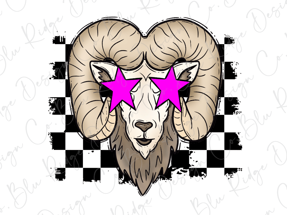 A stylized illustration of a ram's head with large, curved horns and pink star-shaped eyes, set against a black and white checkered background.
