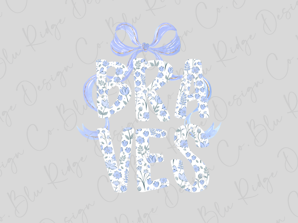 the word "Braves" written in a floral pattern, with a blue ribbon bow above it.
