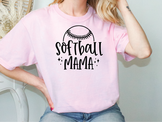 a woman wearing a pink softball mom shirt