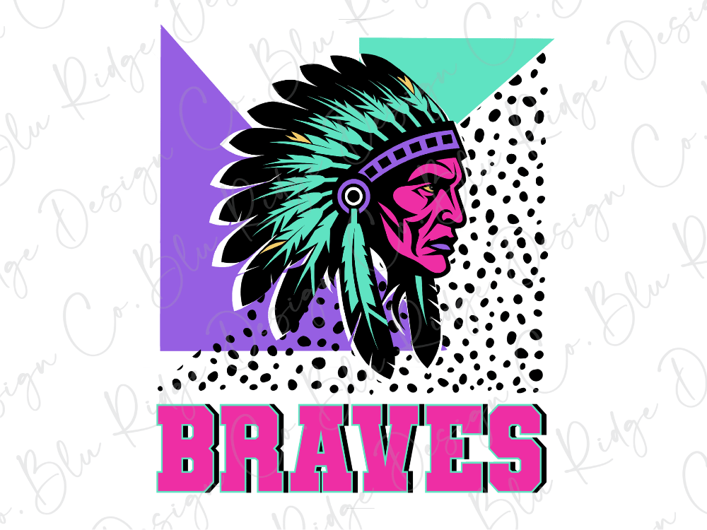 a colorful illustration of a Native American headdress with the word "Braves" written below it in bold pink letters.