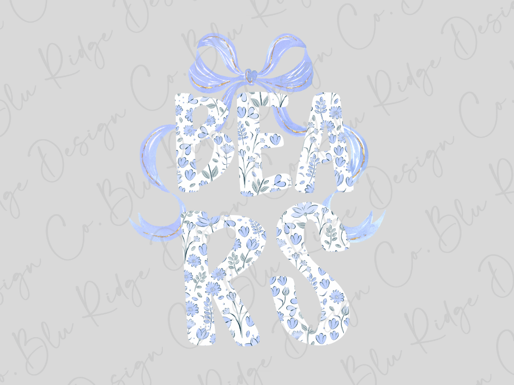 the word "BEARS" written in a decorative, floral-patterned font, with a blue ribbon bow on top.