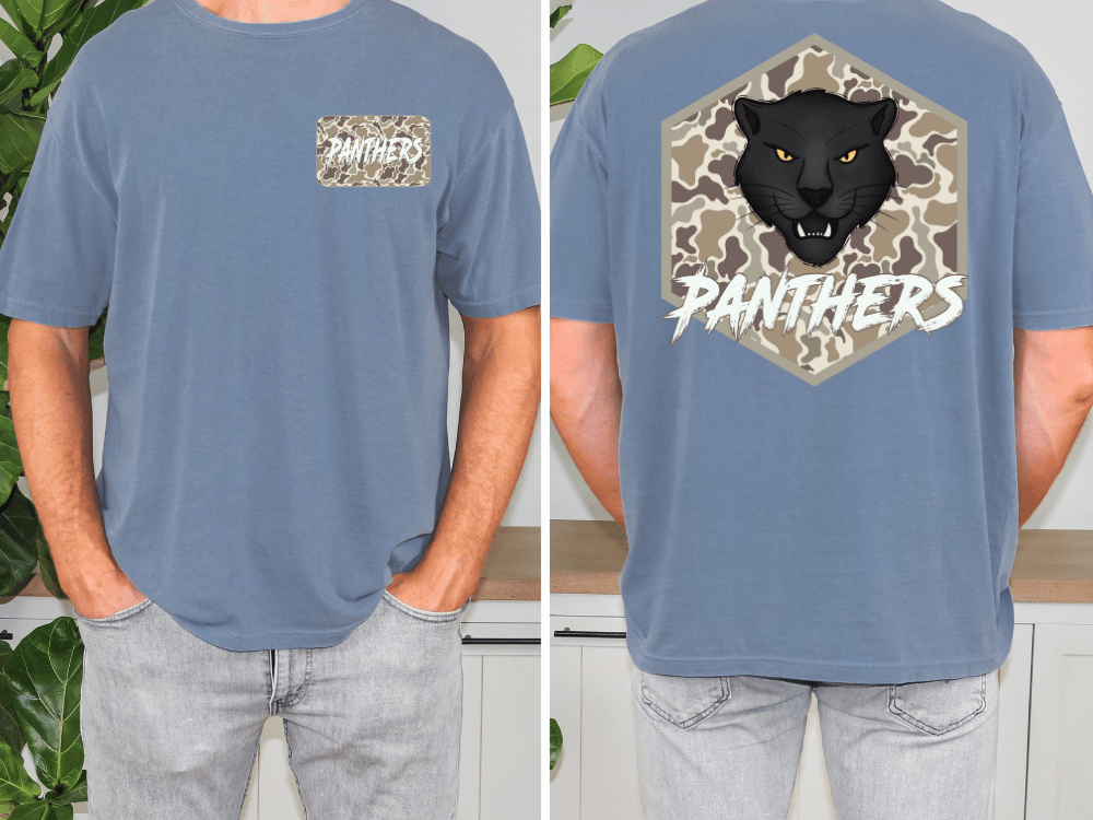 A man wearing a blue t-shirt with a graphic of a panther and the word "Panthers" printed on it.