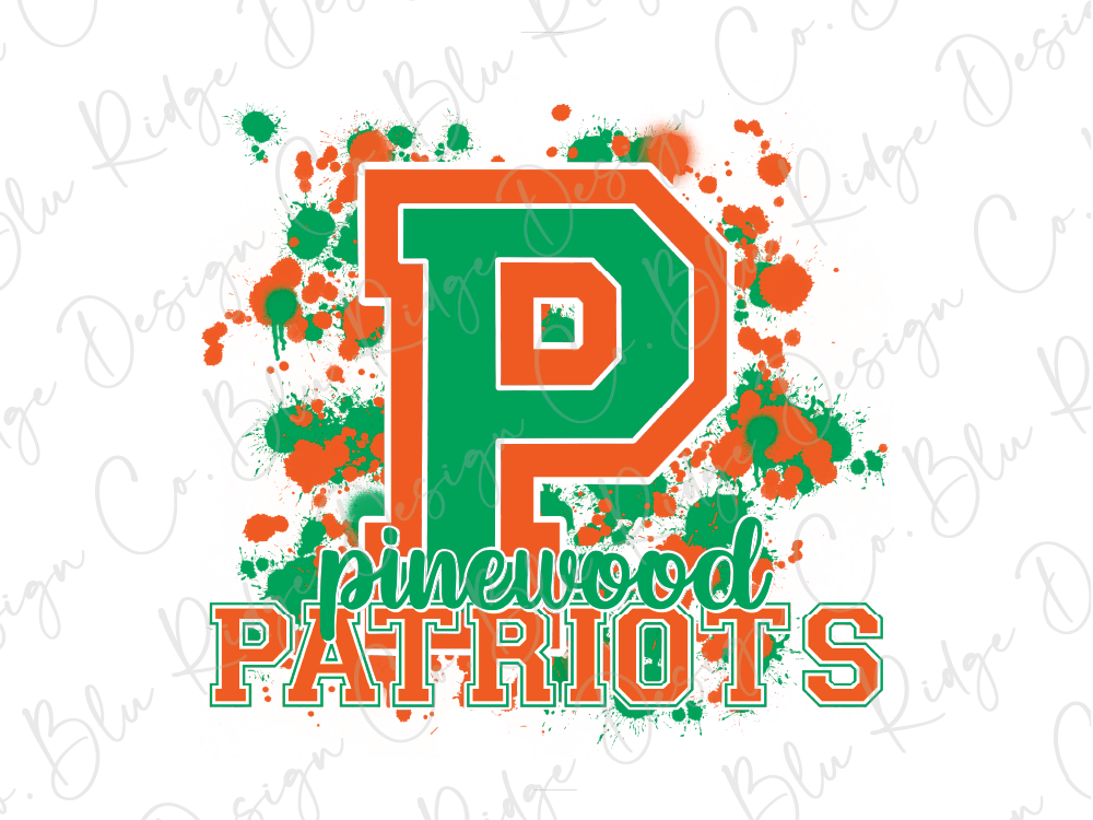 a large, bold, and colorful logo for the Pinewood Patriots, with the word "Patriots" written in a stylized font.