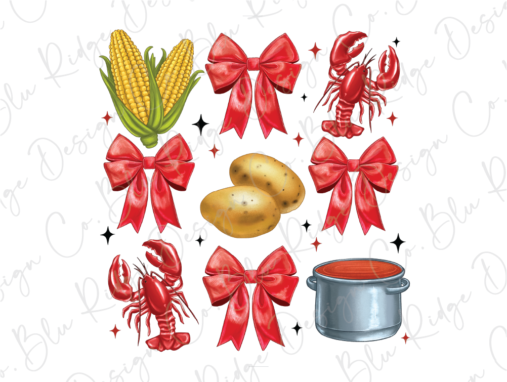 a picture of a lobster, corn, and potatoes