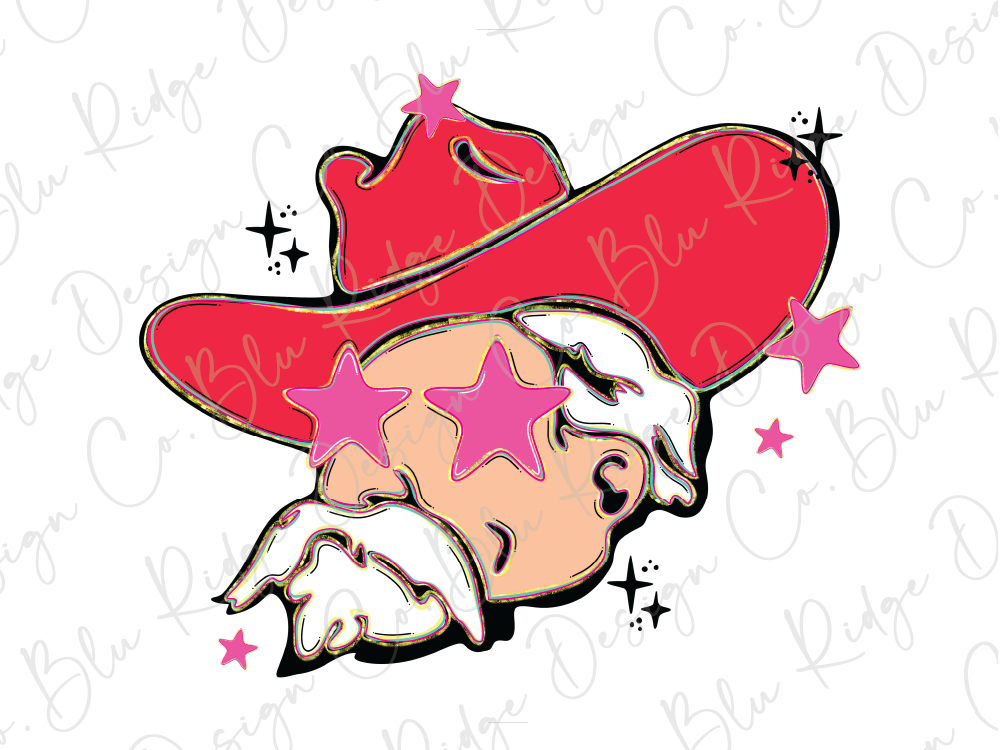A stylized illustration of a person wearing a red cowboy hat with pink stars, and a white mustache, surrounded by pink stars.