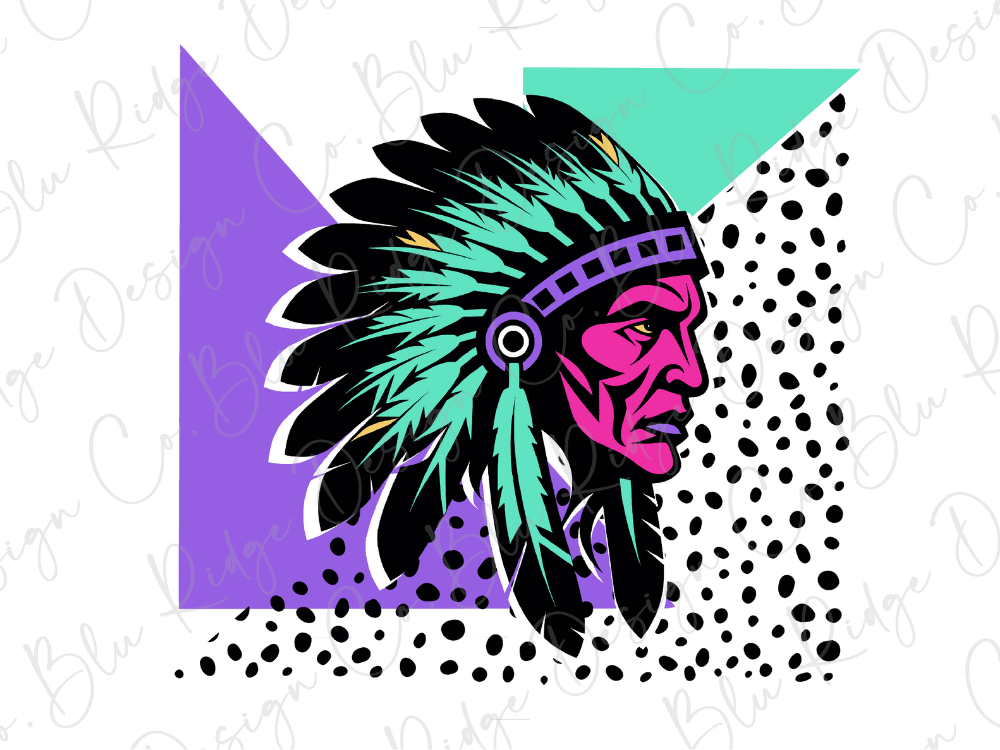 a colorful illustration of a Native American headdress with a bold, stylized design.
