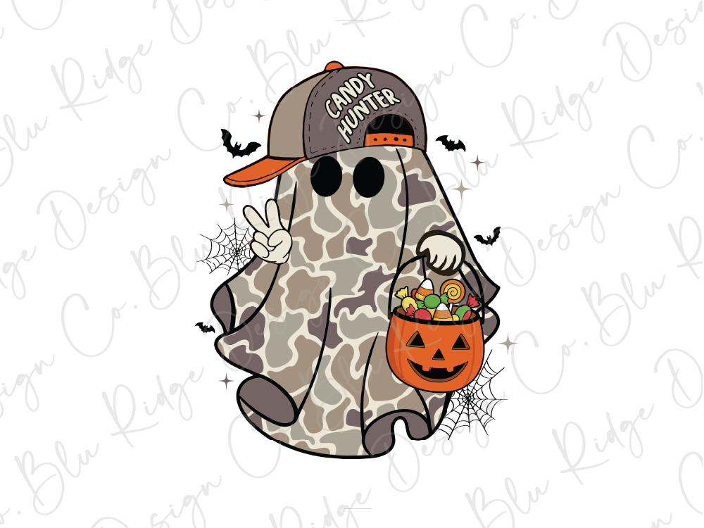 A cartoon ghost character wearing a baseball cap and holding a bucket of candy, with a spider web and bats in the background.