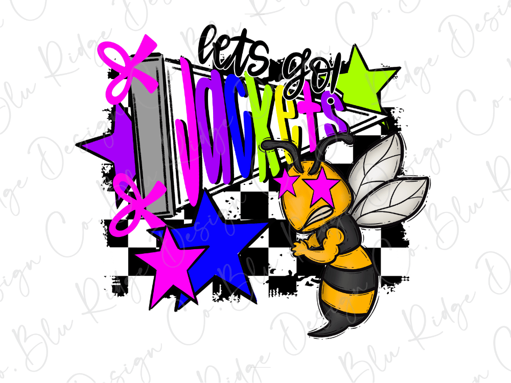 A colorful and stylized illustration featuring a bee surrounded by various geometric shapes, including stars, lines, and a checkered pattern. The text "Let's go" is prominently displayed in the image.