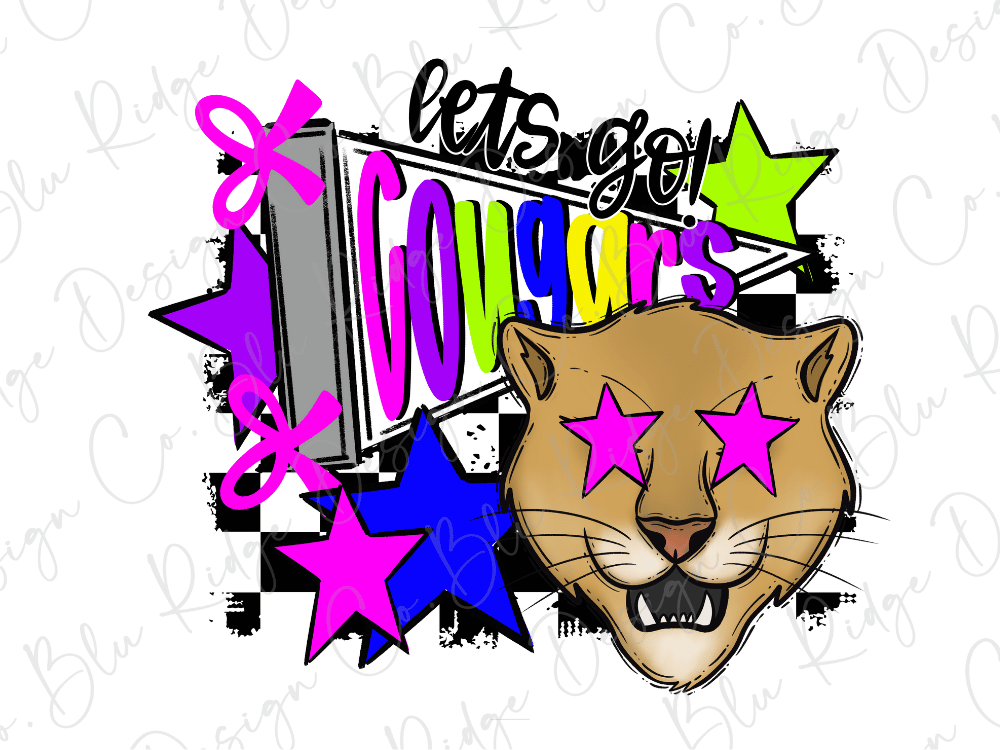 A colorful and stylized illustration featuring a cougar's face with large pink eyes, surrounded by various geometric shapes and patterns in shades of pink, purple, blue, and green.