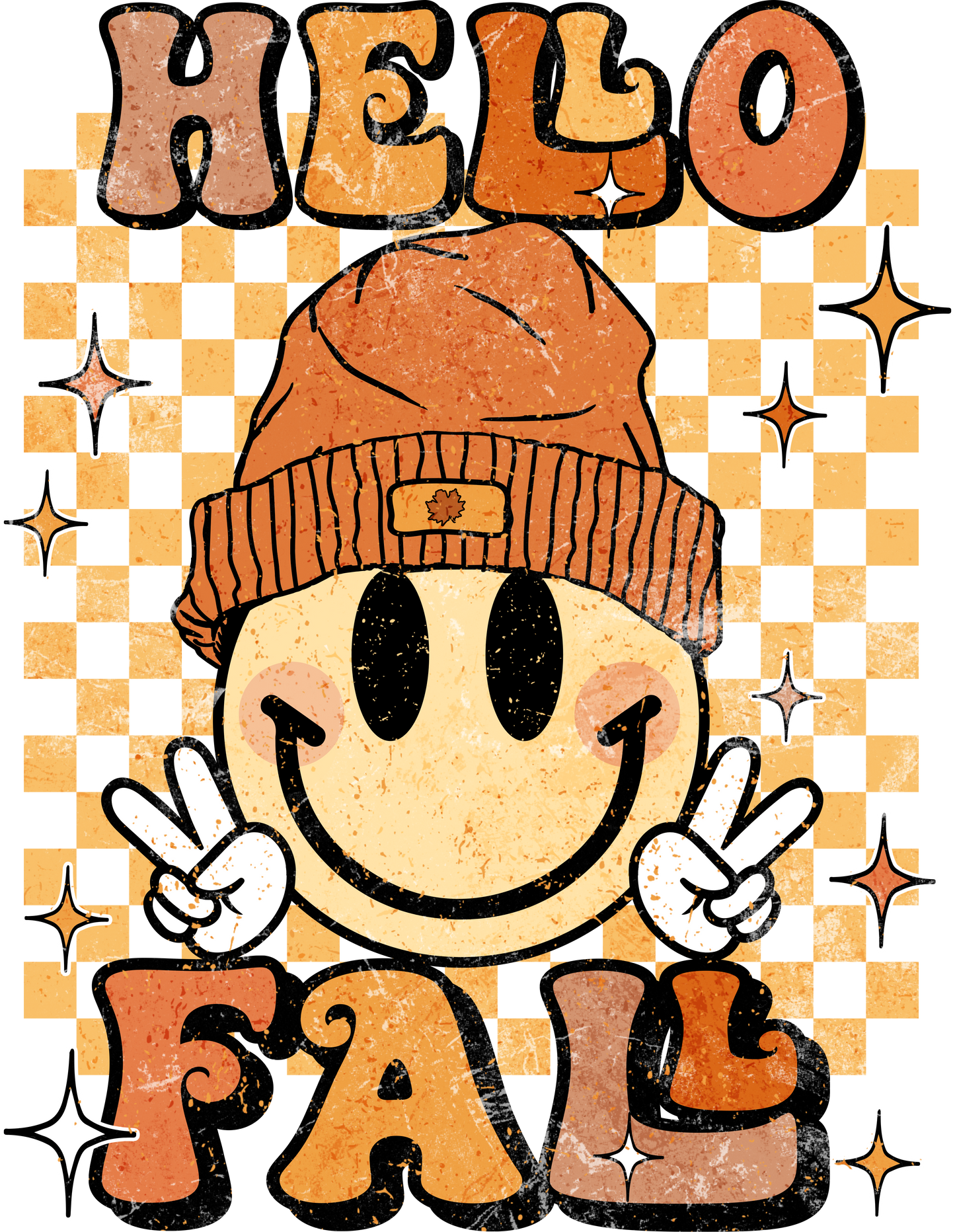 Retro Hello Fall Vibes Smiley Face Groovy Autumn Season (Back/Pocket Combo) Graphic T-Shirt