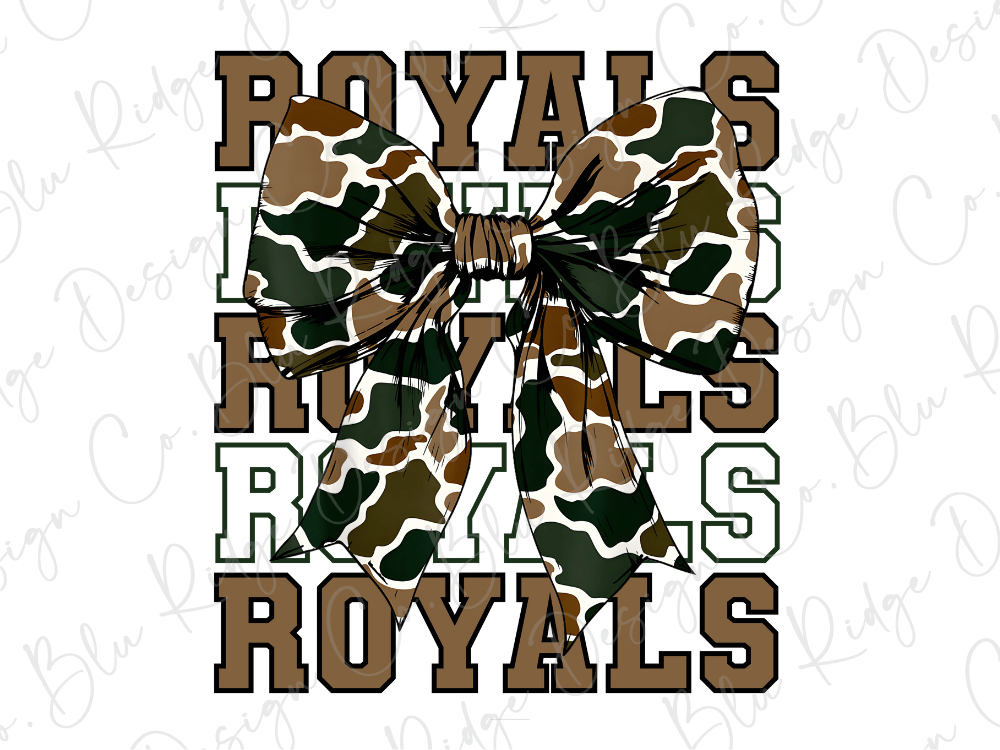 A large camouflage bow with the word "ROYALS" written in a stylized font below it.