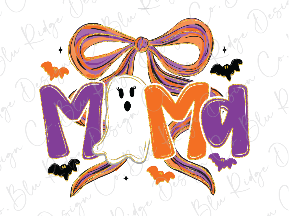 a Halloween-themed design with a ghost, a bow, and bats.