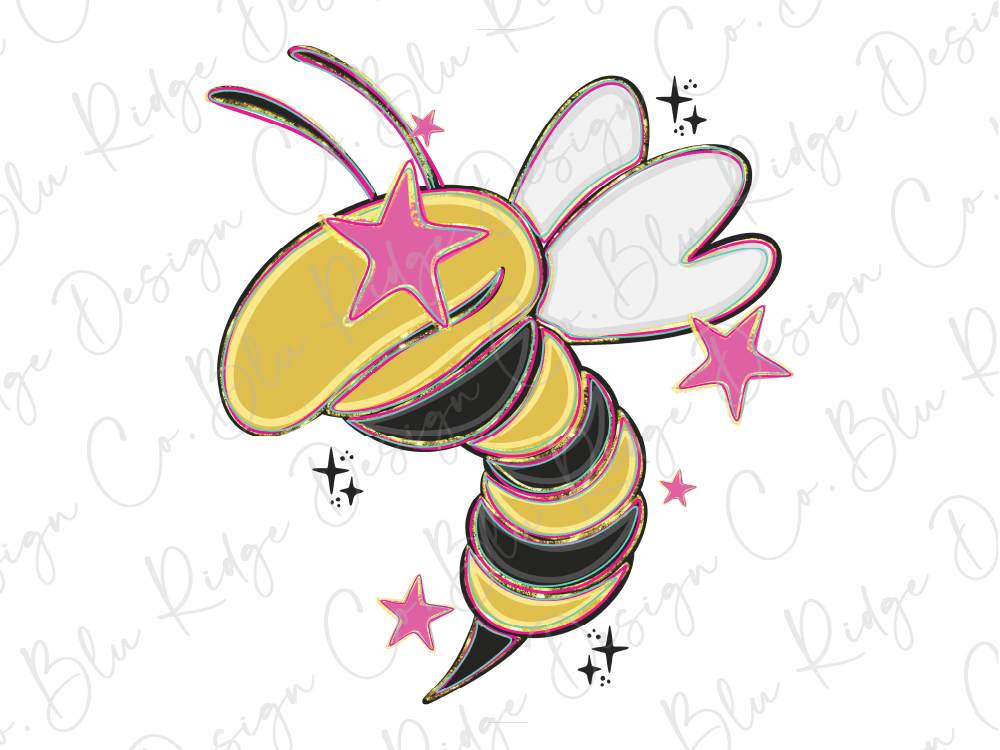 A stylized illustration of a bee with a yellow body, black stripes, and pink accents, surrounded by stars and other decorative elements.