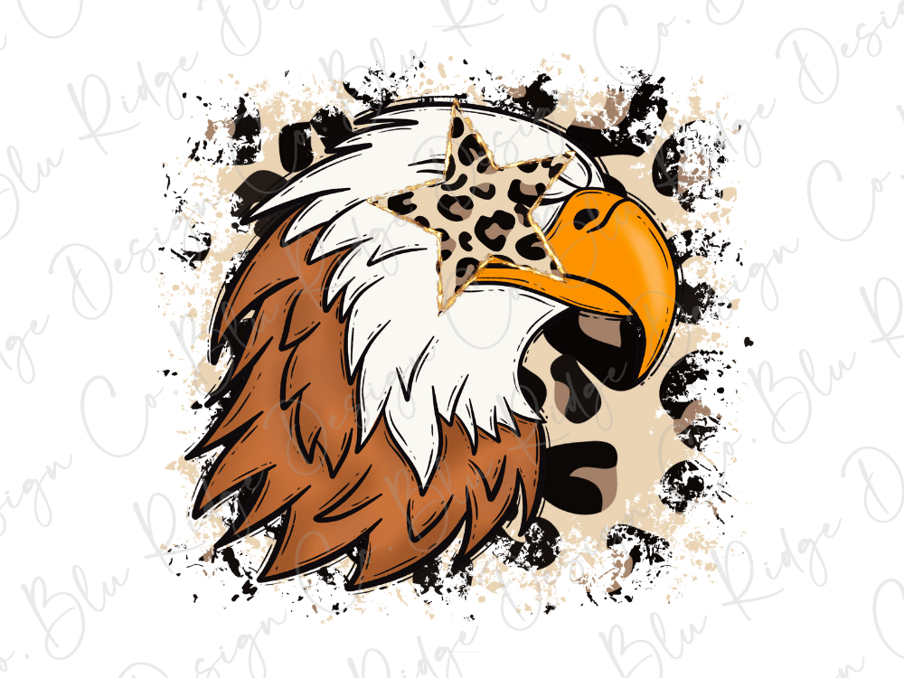 A stylized illustration of an eagle head with a leopard print star on its eye, set against a background with splattered paint or ink.