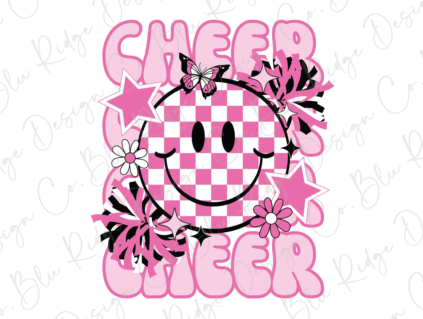 a pink checkerboard design with a smiley face
