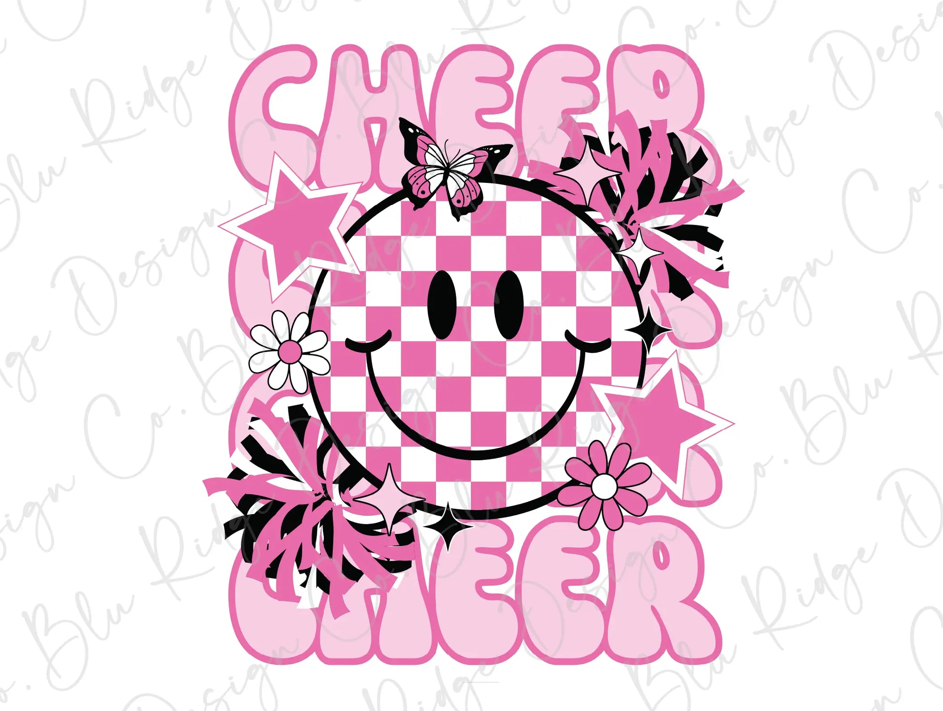 a pink checkerboard design with a smiley face