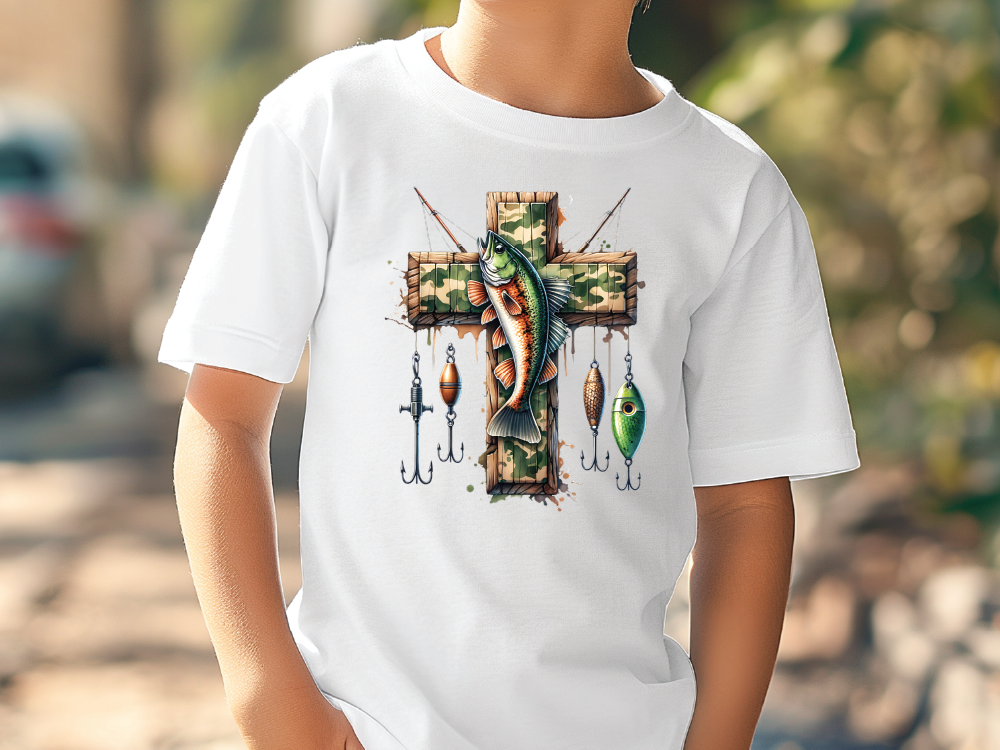 a young boy wearing a white t - shirt with a fish on it