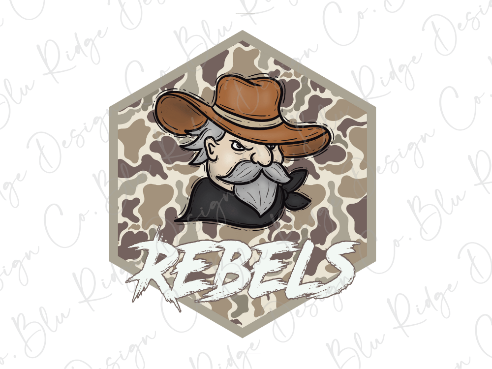 A cartoon illustration of a man wearing a cowboy hat and a bandana, with the word "REBELS" written below the image.