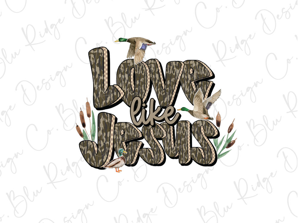 a stylized text design with the phrase "Love like Jesus" written in a camouflage pattern.