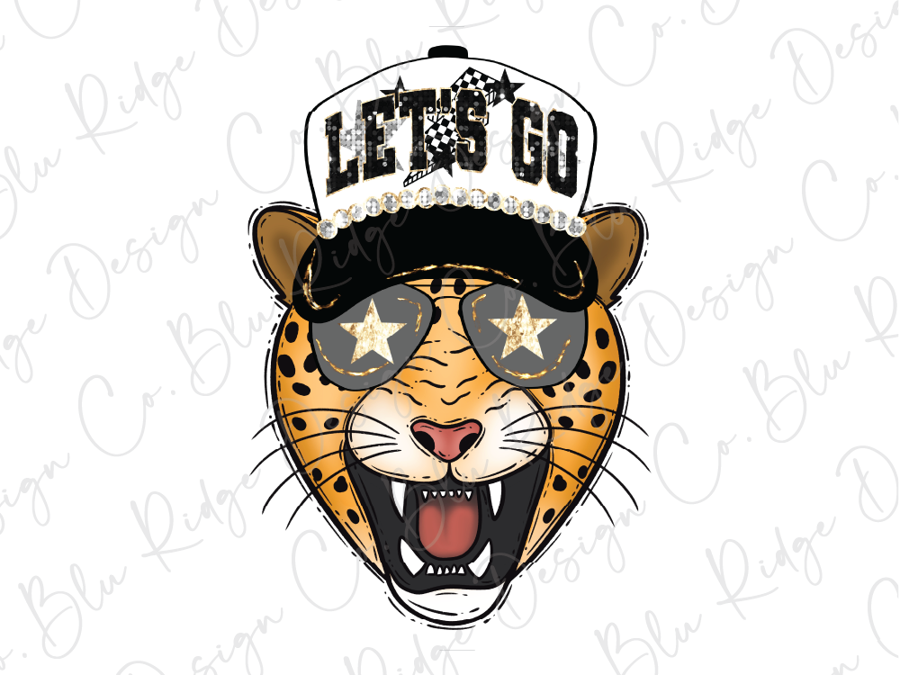 A cartoon image of a smiling leopard wearing a hat with the text "LET'S GO" and sunglasses.