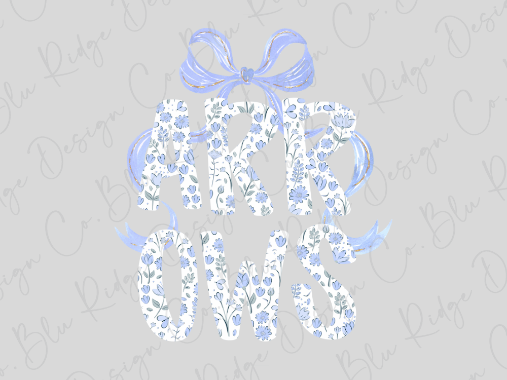 a floral pattern with the letters "AKR OMS" in a decorative font, accompanied by a blue ribbon bow.