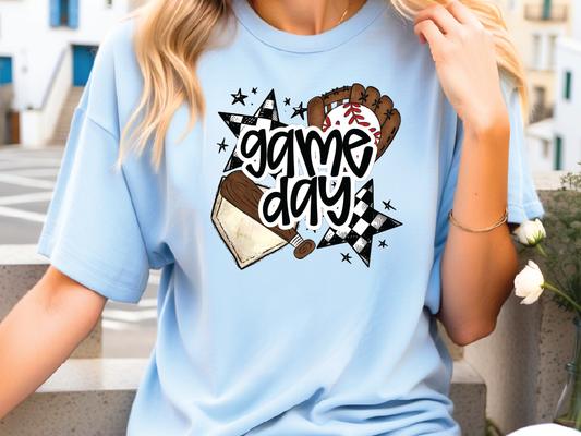 a woman wearing a t - shirt that says game day