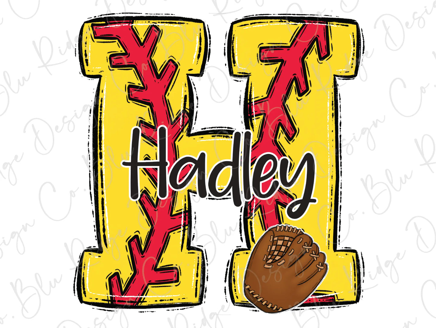 a drawing of the letter h with a baseball inside of it