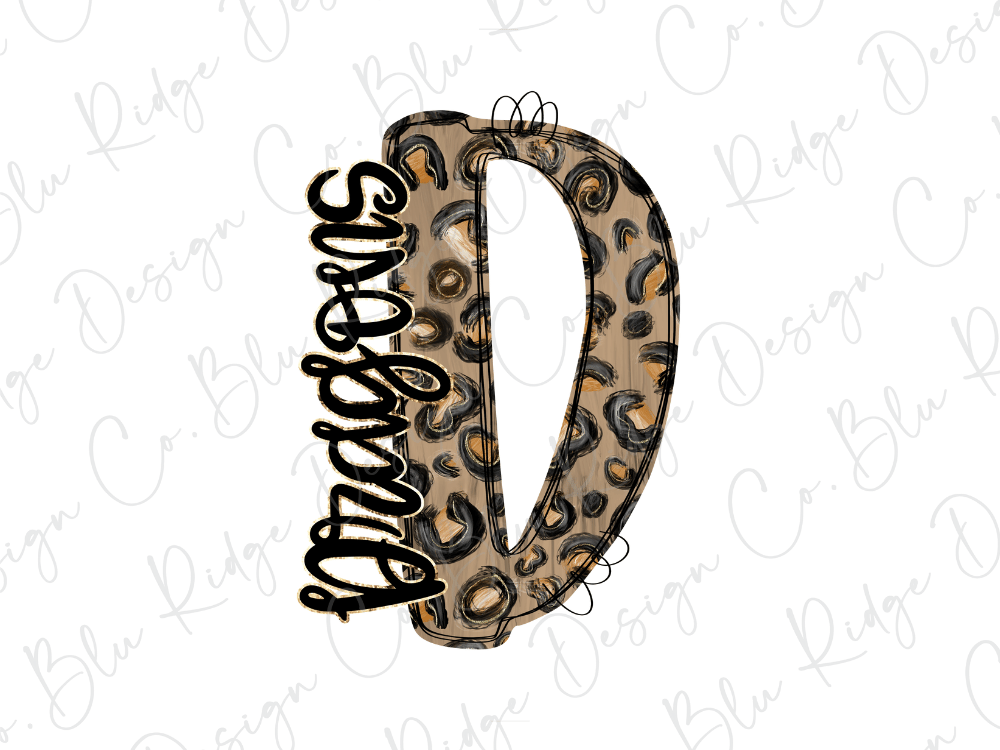 a stylized letter 'D' with a leopard print pattern, accompanied by the word "DRAGONS" written in a cursive font.