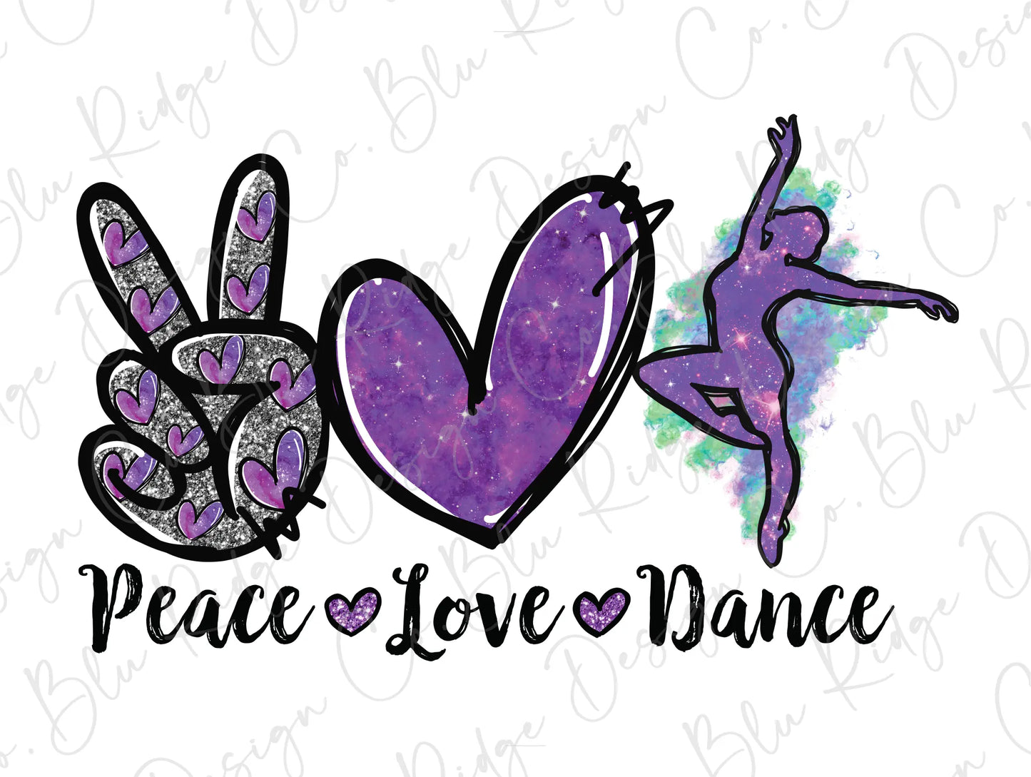 a peace love dance sign with a purple heart
