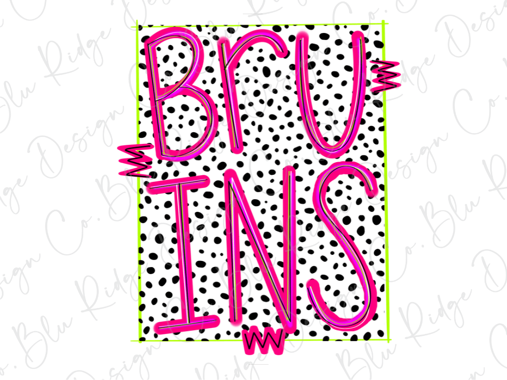 the word "BRUINS" in a bold, pink font against a background of black and white polka dots.