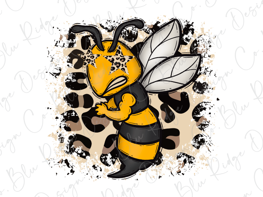 A cartoon-style bee with a yellow body and black stripes, wearing sunglasses and surrounded by a leopard print background.