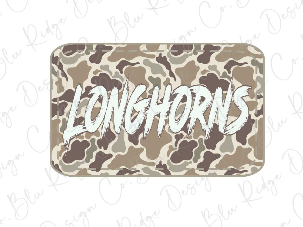 A camouflage-patterned sticker or decal with the word "LONGHORNS" written in bold, stylized letters.