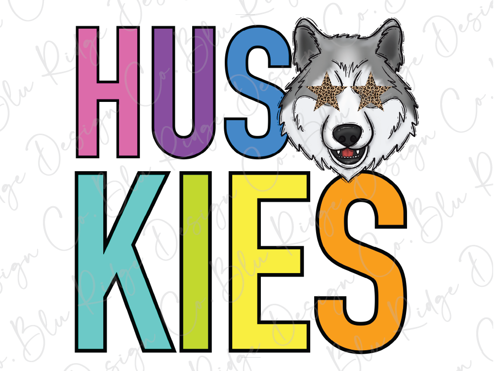 A colorful graphic design featuring the word "HUSKIES" with a wolf's head and star-shaped eyes.
