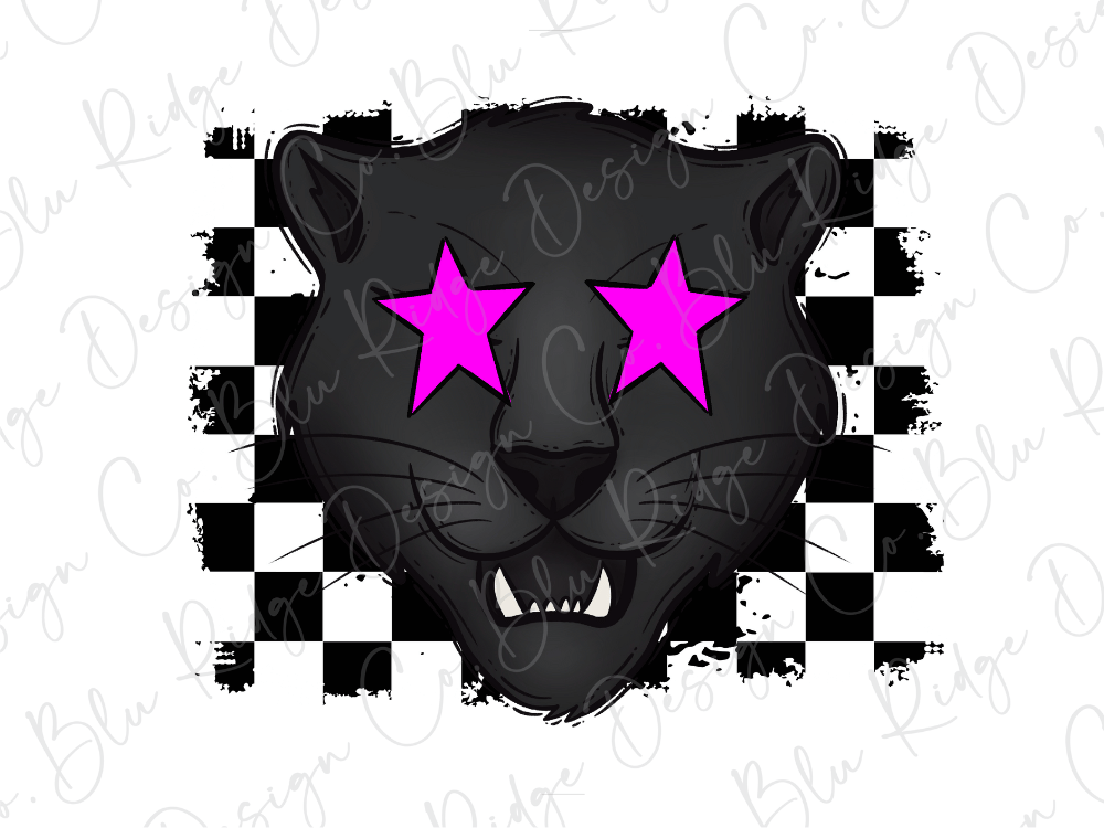 A stylized illustration of a black panther's face with pink star-shaped eyes, set against a black and white checkered background.