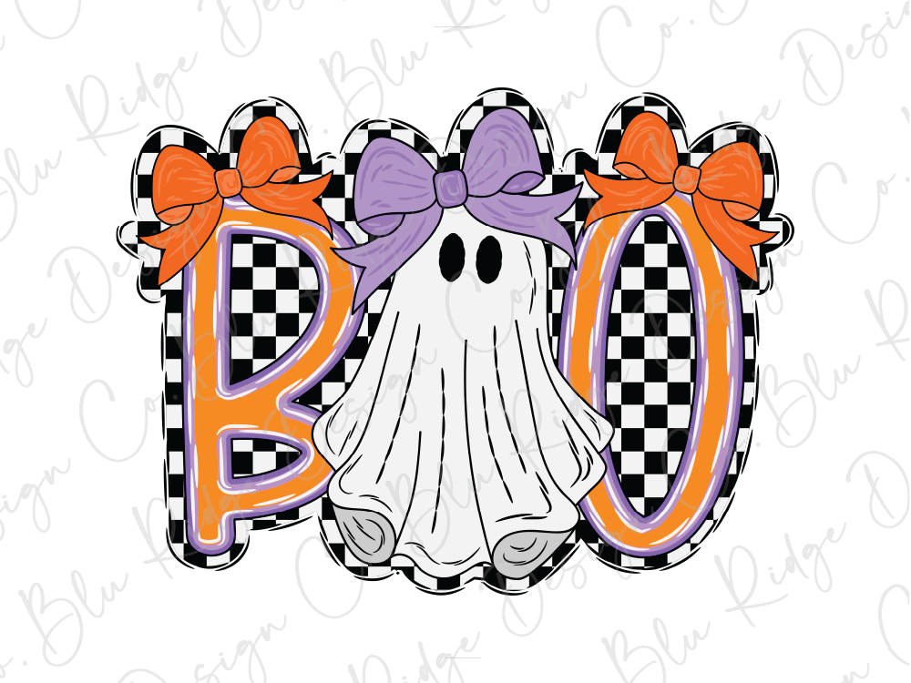 A Halloween-themed graphic design featuring a ghost with a purple bow, surrounded by orange and black checkered shapes.