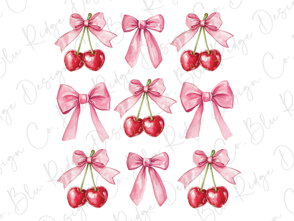 a watercolor painting of cherries with pink bows