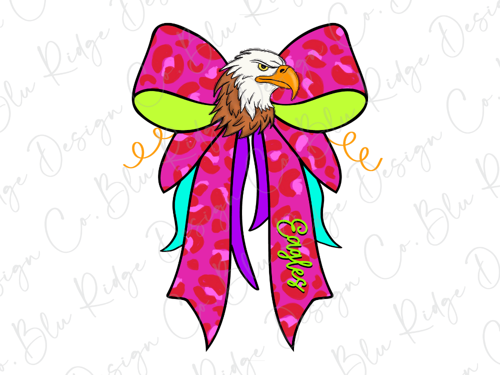 A colorful illustration of an eagle wearing a pink and green bow with the word "Eagles" written on it.