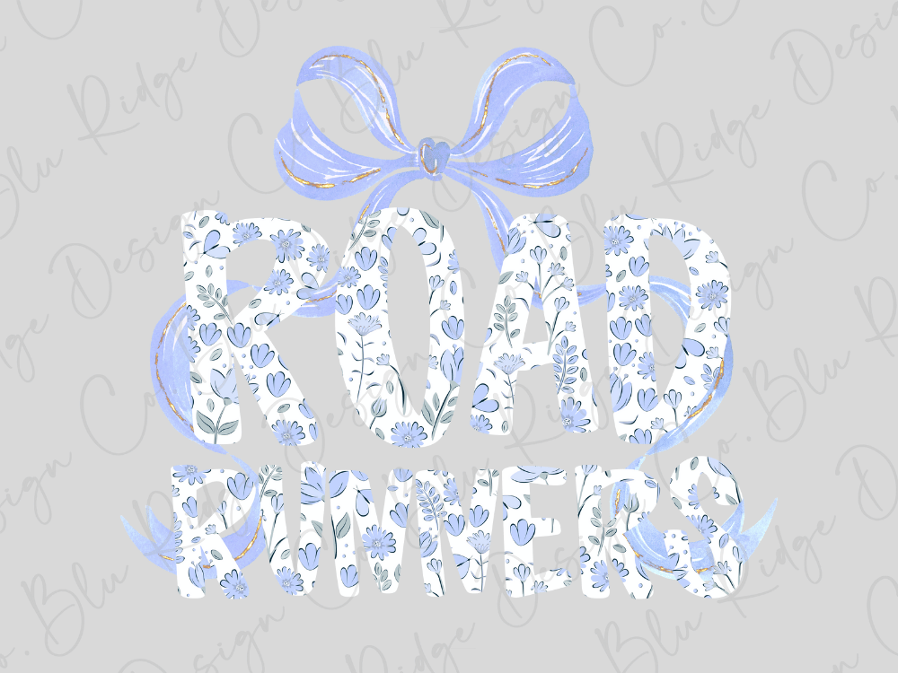 the text "ROAD RUNNERS" in a stylized, floral design with a blue bow.