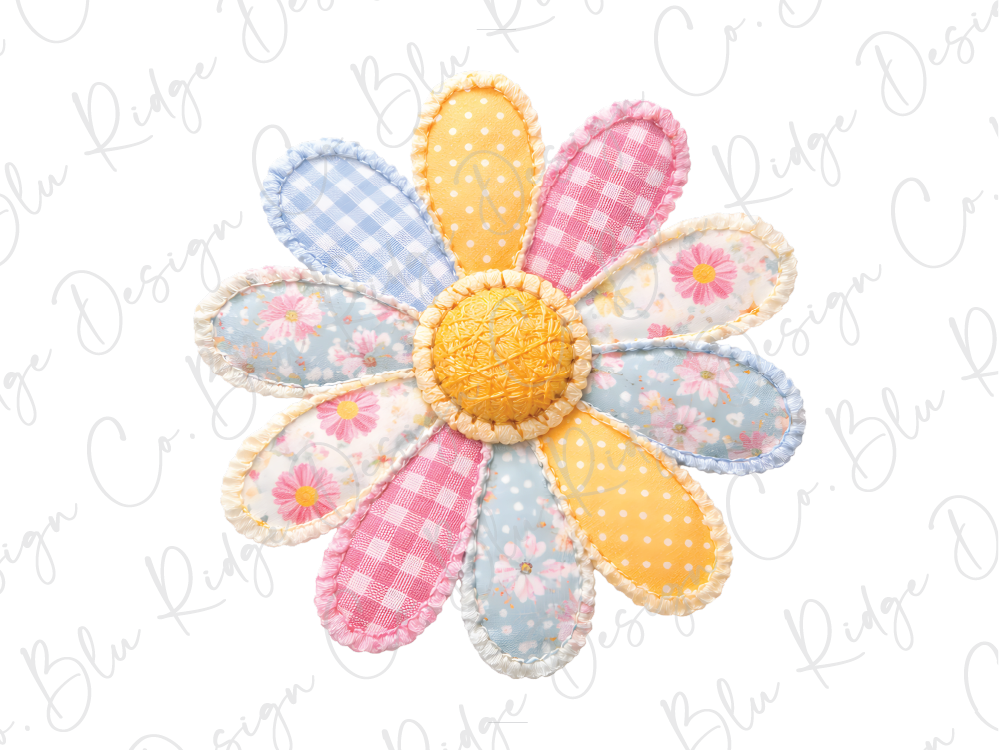 A colorful patchwork flower made of various fabric pieces in pastel shades, including blue, pink, yellow, and white polka dots.