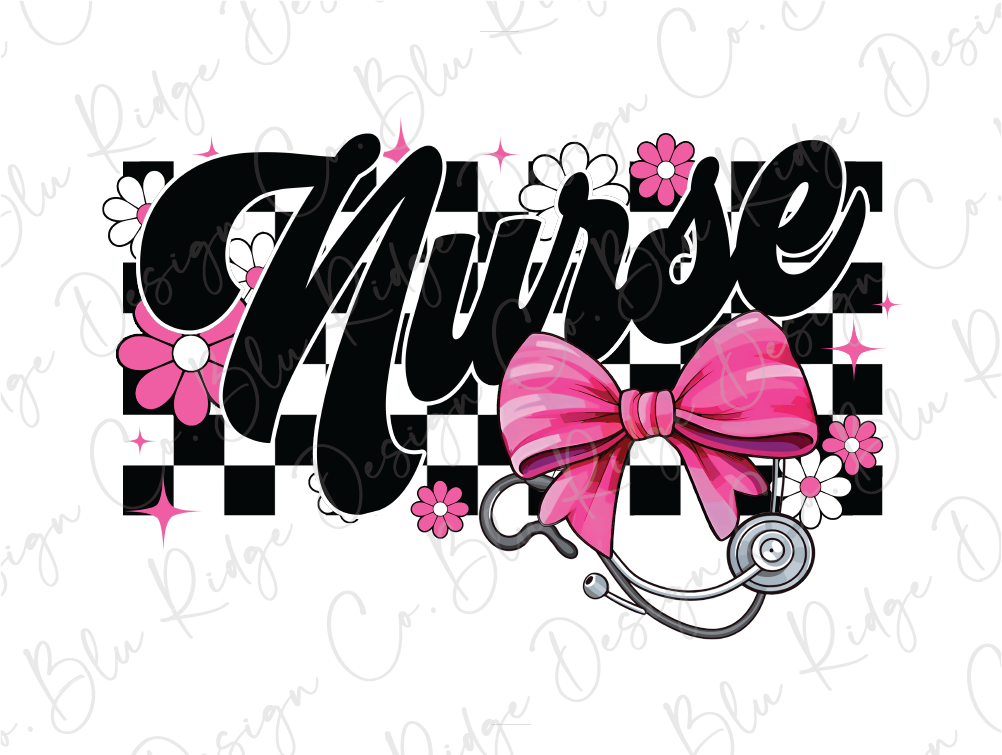 the word nurse with a pink bow and a stethoscope