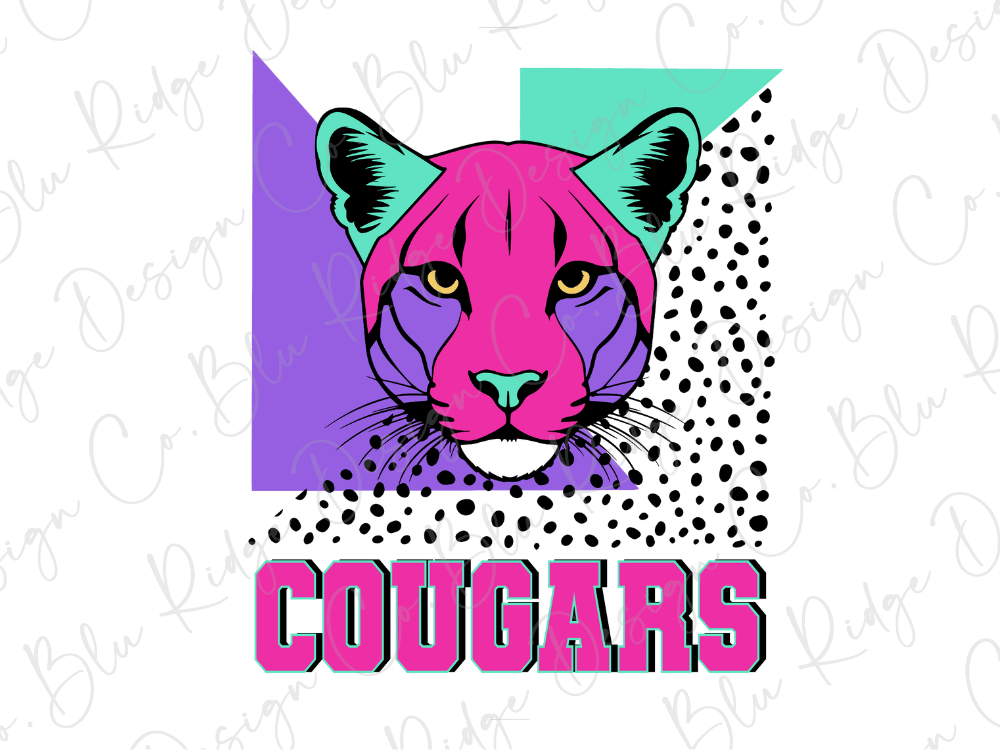 a stylized illustration of a cougar's face with a pink and purple color scheme, surrounded by a pattern of black and white polka dots. The word "COUGARS" is prominently displayed below the illustration.
