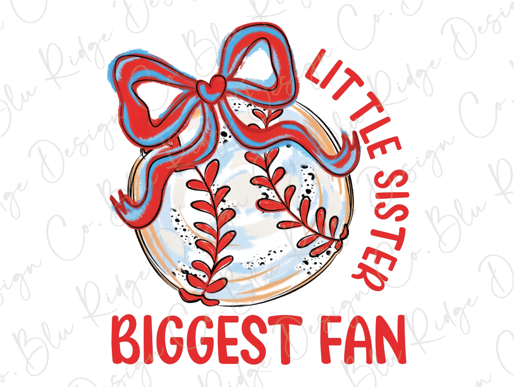 a baseball ball with a red bow and the words, little sister, biggest fan