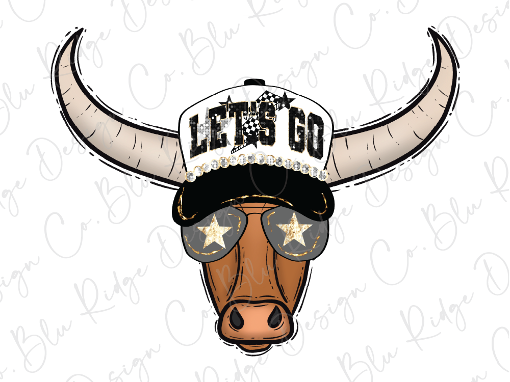 A cartoon illustration of a bull wearing a hat with the text "LET'S GO" and sunglasses with stars.