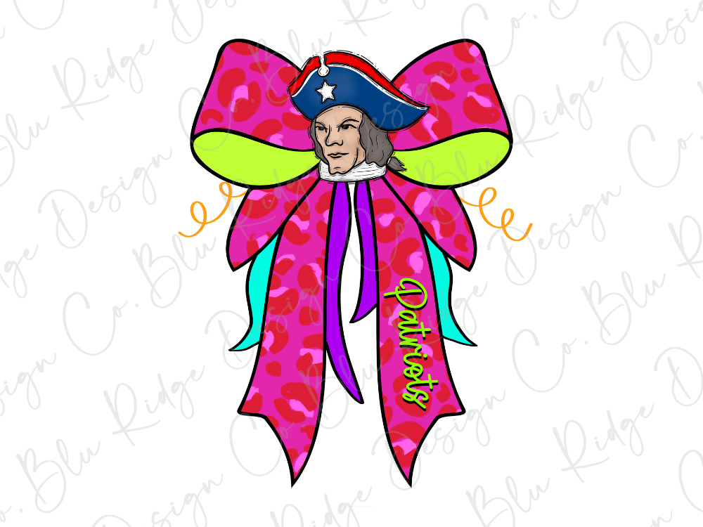 A cartoon illustration of a person wearing a patriotic hat and a bow with the word "Patriots" written on it.