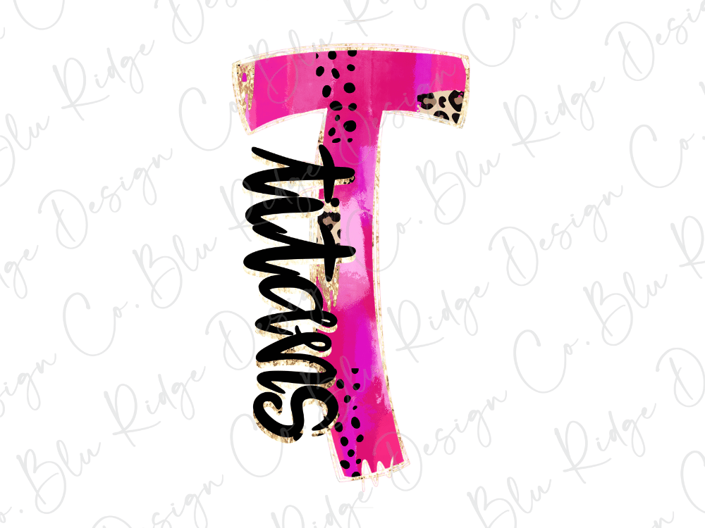 A pink and black stylized letter 'T' with a leopard print design element.